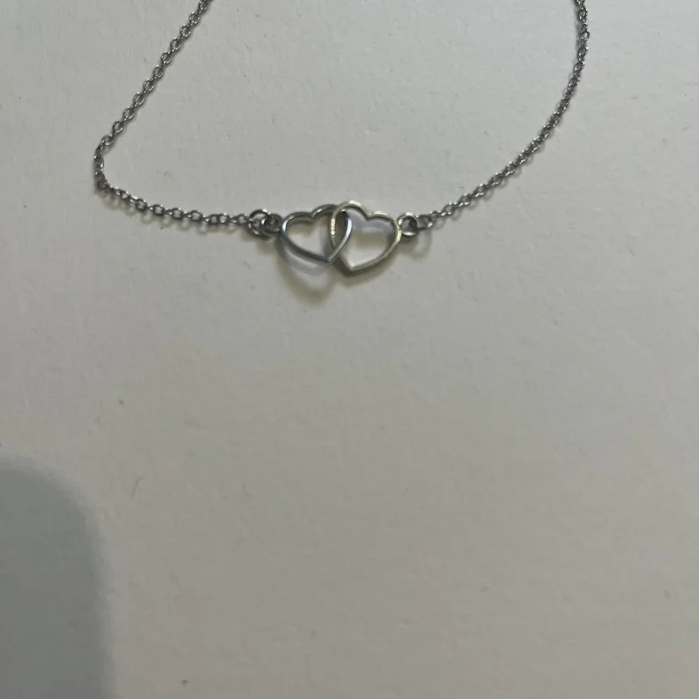 Double Heart Necklace, Lobster Clasp. Silver Colored,‎ Costume Jewelry 17.5-19.5